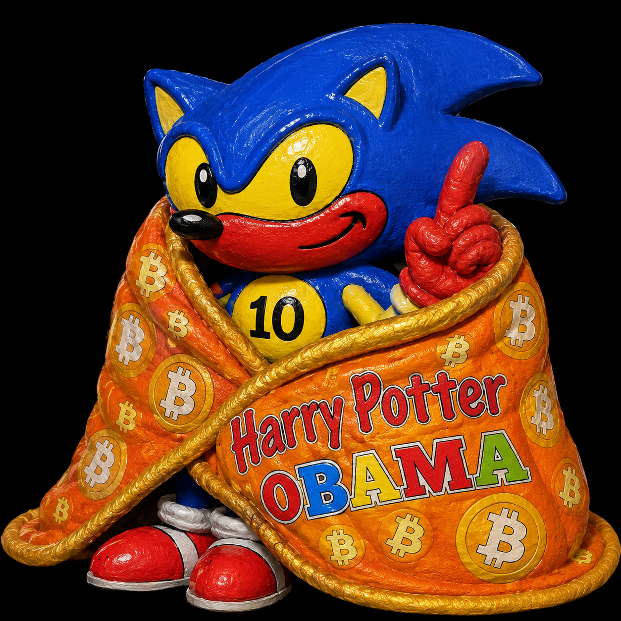 HarryPotterObamaSonic10Inu mascot wrapped in a Bitcoin money bag